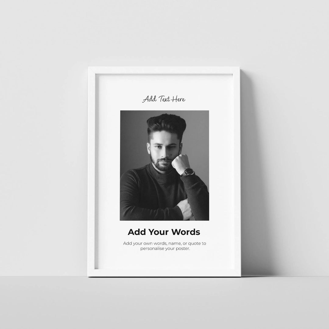 Personalised photo poster with custom text in a white frame by printlagoon