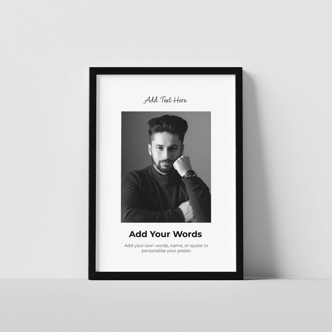 Personalised photo poster with custom text in a black frame by printlagoon