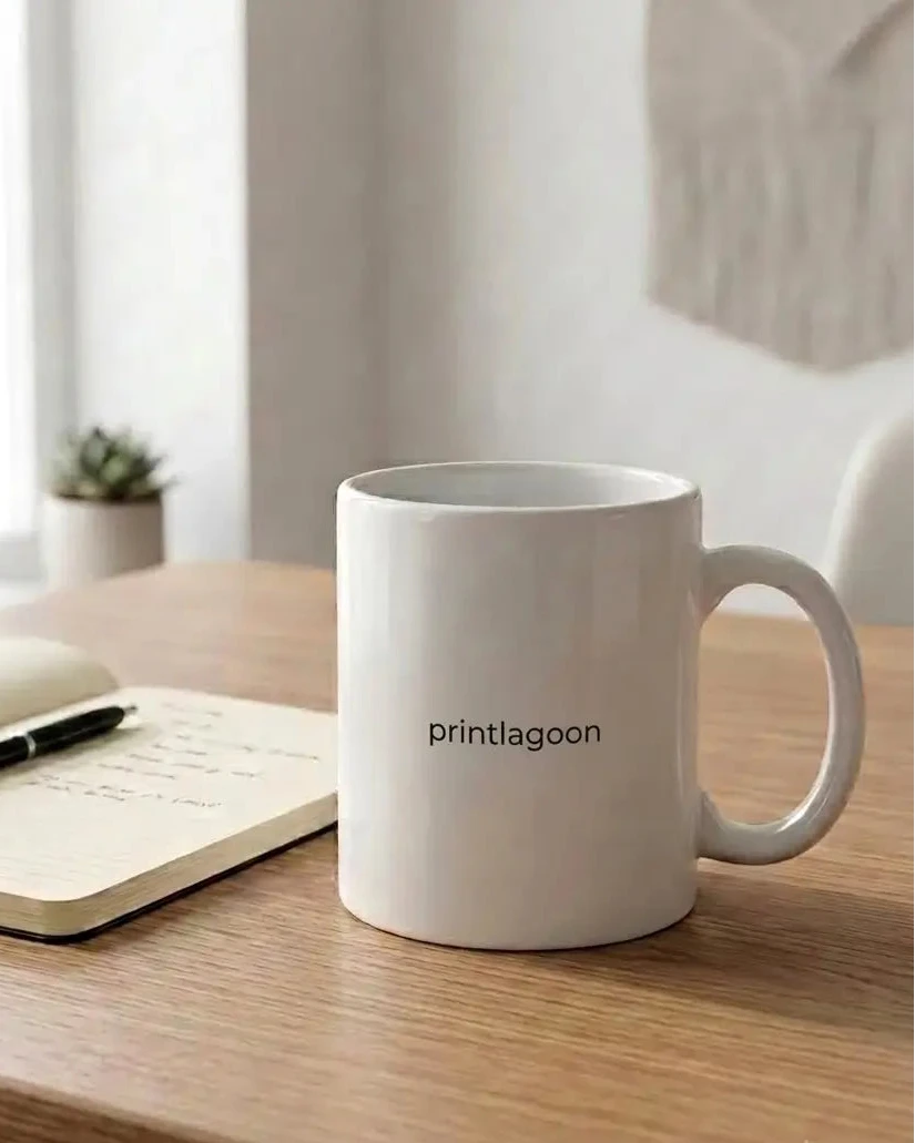 Custom white 325mg Mug by printlagoon on table.