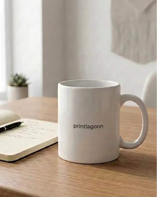 Custom white 325mg Mug by printlagoon on table.
