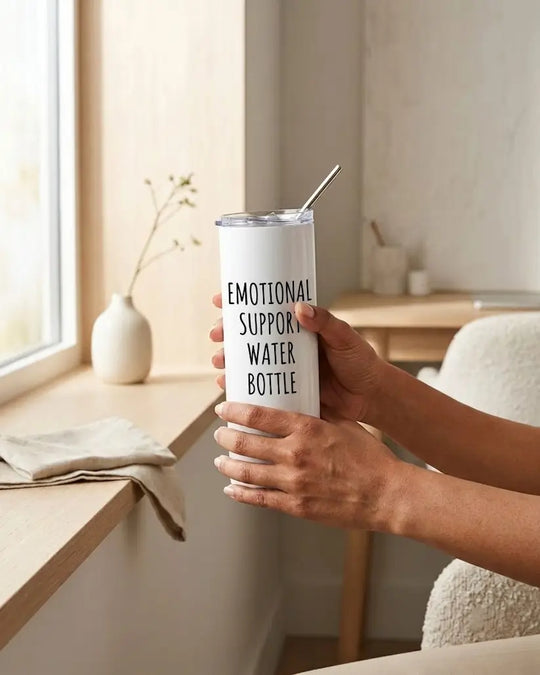 Hands holding a white tumbler with a steel straw printed with the text "Emotional Support Water Bottle" in a bright, minimal room