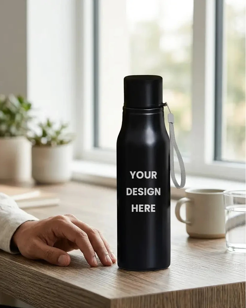 A matte black insulated bottle with a wrist strap stands on a wooden table near a window. A person&