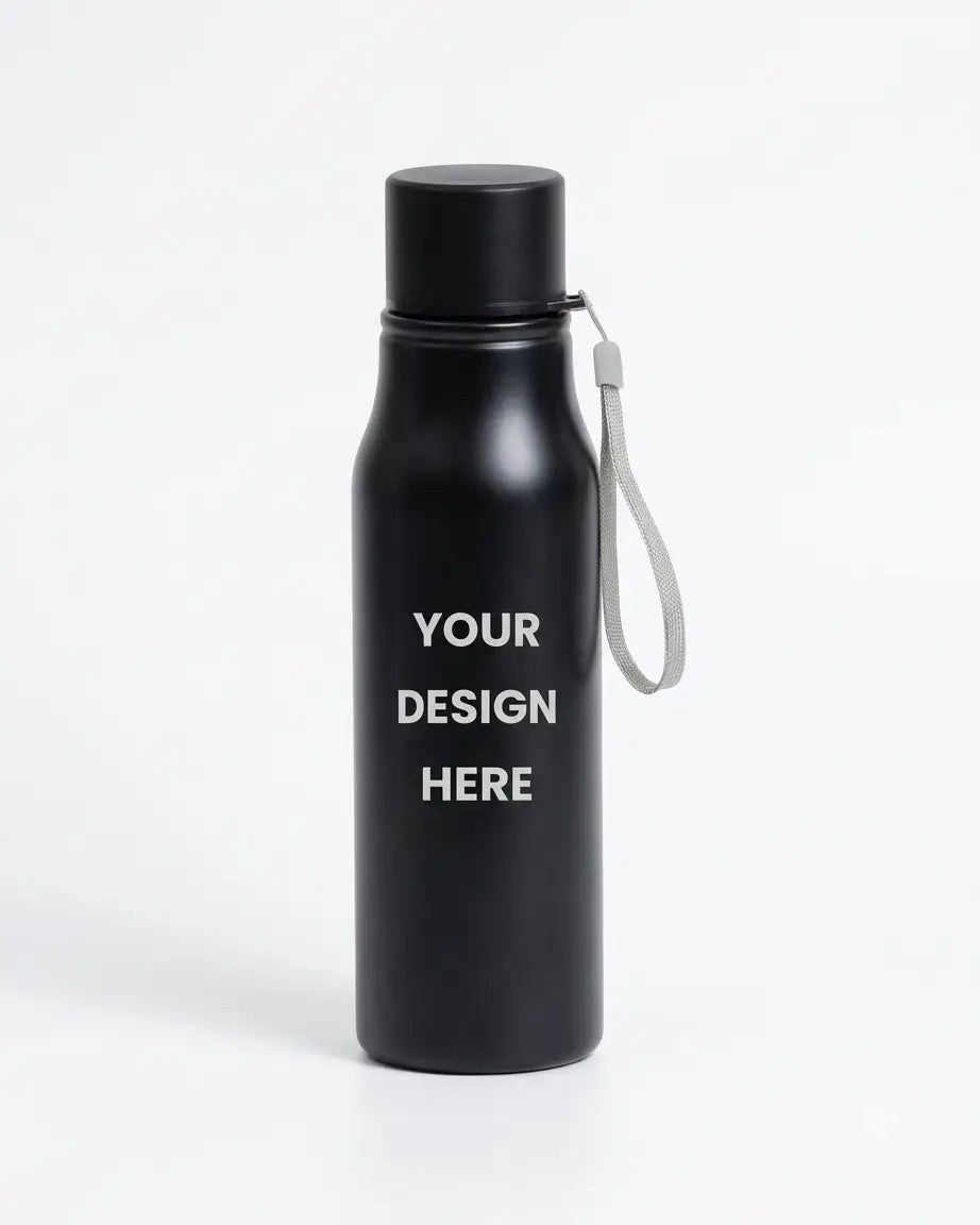 A matte black reusable water bottle with a matching black screw cap and a gray wrist strap, featuring the white placeholder text &