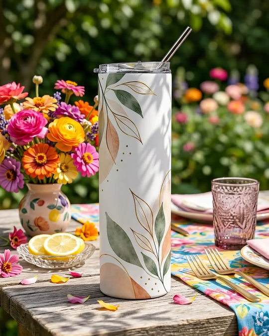 A tall insulated tumbler with a clear lid and metal straw stands on a wooden table outdoors. The tumbler has a white base with a botanical leaf pattern in muted green, peach, and beige.