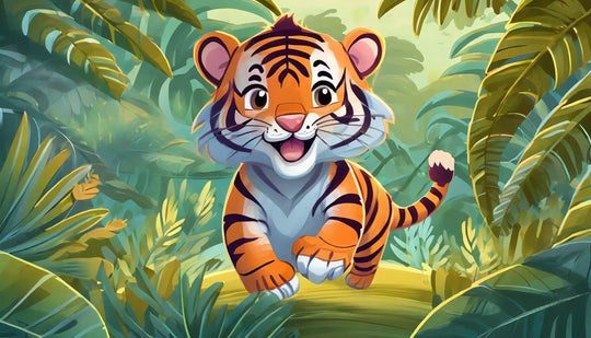 Adorable baby tiger running through a green jungle illustration designed for kids jigsaw puzzles, nursery décor, and educational activities.