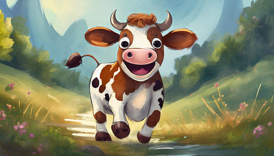 Adorable brown and white cartoon cow smiling while running through a scenic green meadow, farm animal jigsaw puzzle artwork by printlagoon.