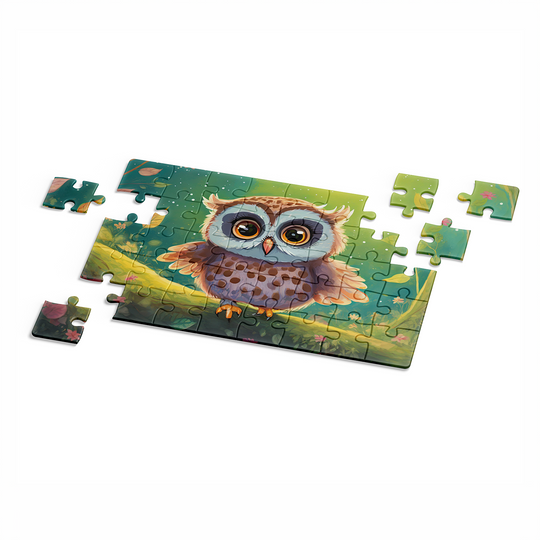 Adorable owl sitting on a branch with colorful leaves nature-themed jigsaw puzzle by printlagoon