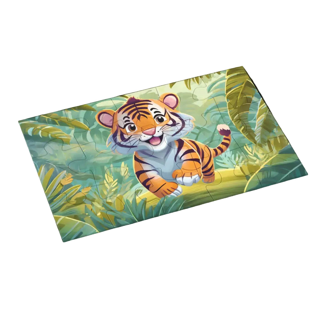 A rectangular jigsaw puzzle featuring a cartoon tiger cub running through a lush green jungle, shown at an angle on a plain white background.
