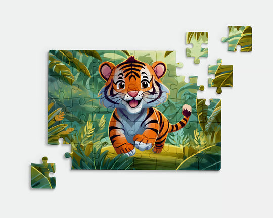 Cute baby tiger jungle jigsaw puzzle for kids with colorful rainforest illustration, perfect educational animal puzzle for children.