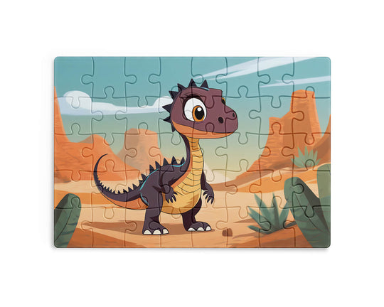 Cute cartoon dinosaur standing in a prehistoric desert landscape, colorful dinosaur jigsaw puzzle for kids by printlagoon.