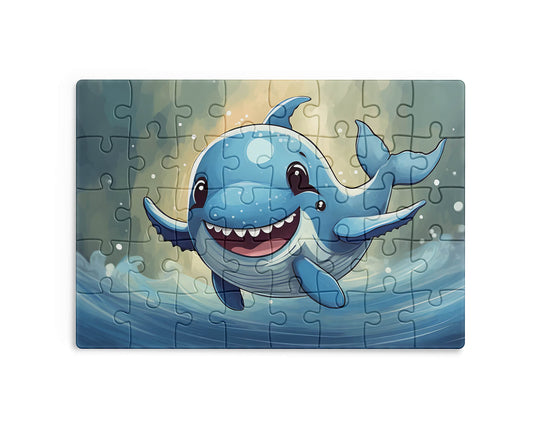 Cute smiling blue dolphin swimming through ocean waves, colorful cartoon sea animal illustration for kids jigsaw puzzle by printlagoon