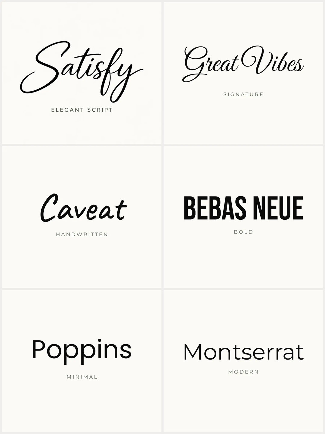 Personalized mug font styles: Satisfy, Great Vibes, Caveat, Bebas Neue, Poppins and Montserrat