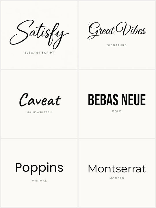 Personalized mug font styles: Satisfy, Great Vibes, Caveat, Bebas Neue, Poppins and Montserrat