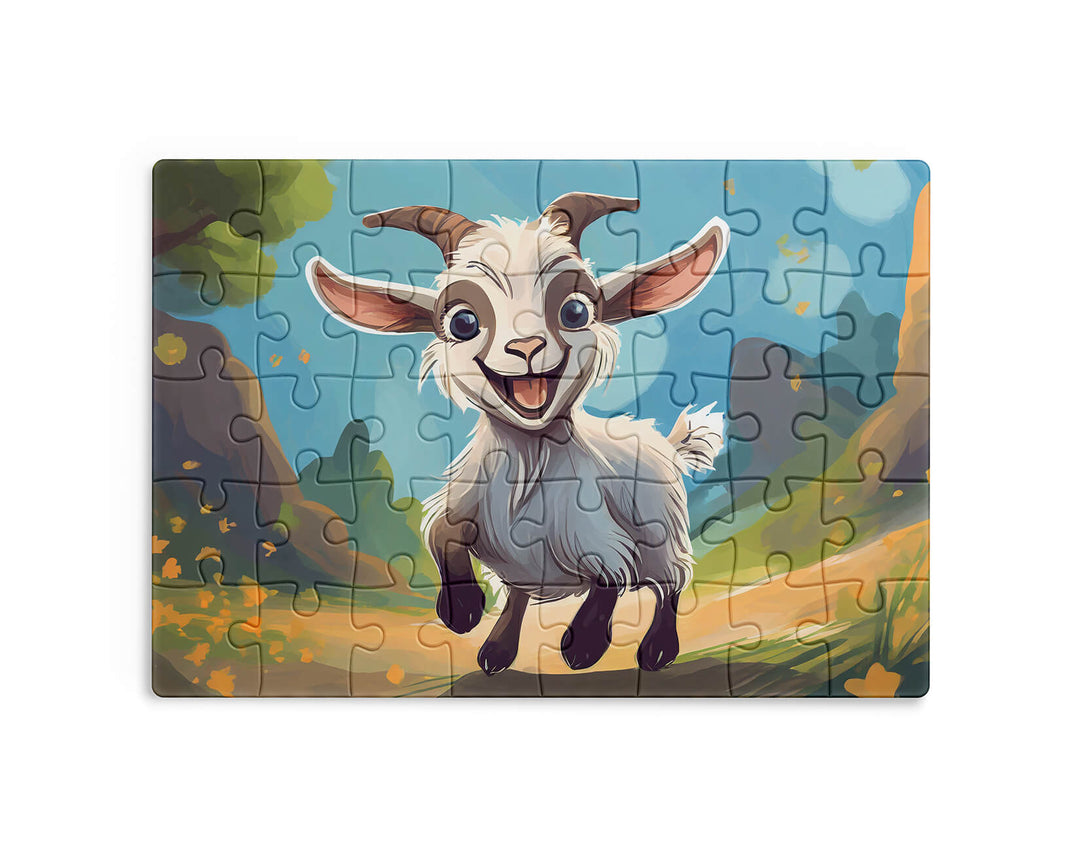 Jigsaw puzzle with a cartoon goat on a colorful background