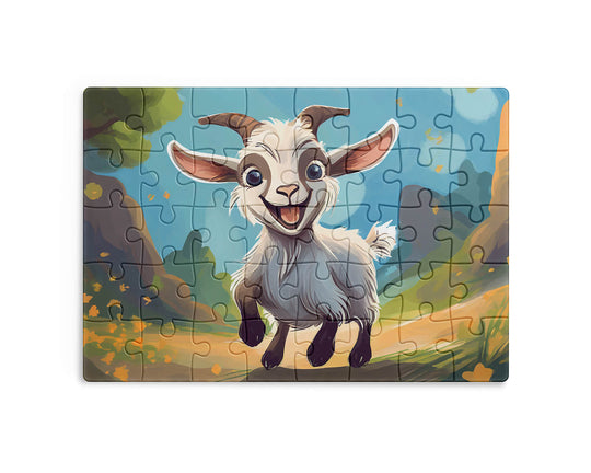 Jigsaw puzzle with a cartoon goat on a colorful background