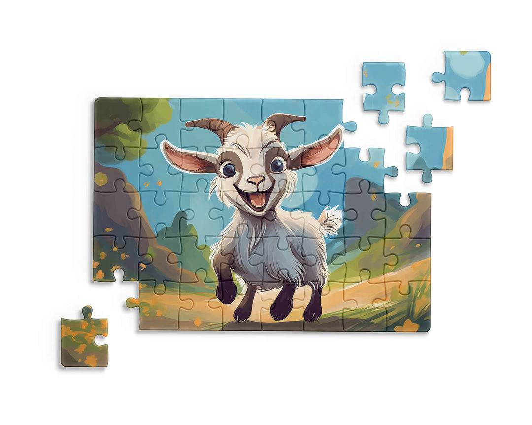 Jigsaw puzzle with a cartoon goat on a colorful background by printlagoon