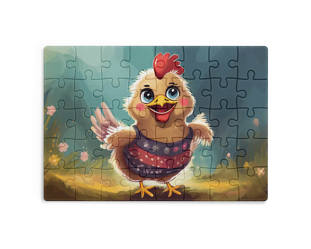 Cute smiling hen with big blue eyes standing in a colorful flower garden, children's farm animal jigsaw puzzle.