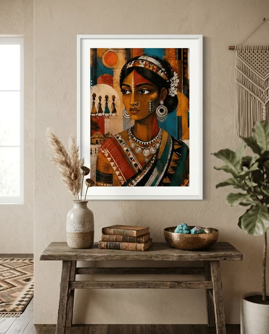 Elegant Santhal tribal woman wall art inspired by Indian folk culture displayed in a white frame on a rustic wooden console, adding warmth to contemporary interiors.
