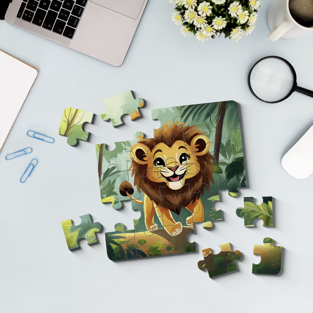 Jigsaw puzzle of a lion with a completed section on a desk with office supplies.