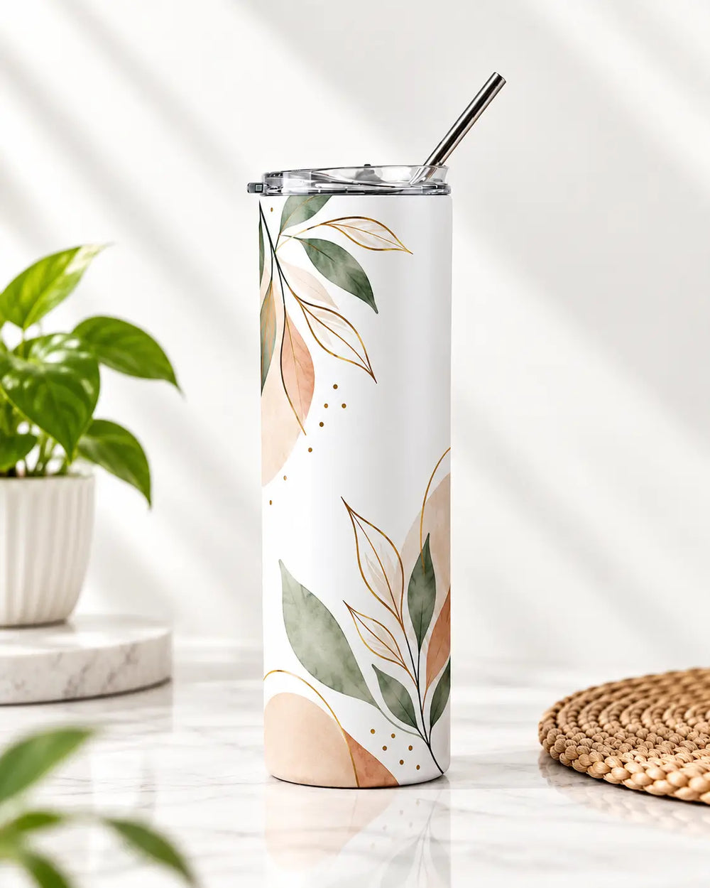 A tall white insulated tumbler with a clear lid and metal straw, decorated with a botanical pattern of green leaves and peach-colored abstract shapes. The tumbler is set on a light marble surface next to a potted plant and a woven placemat.