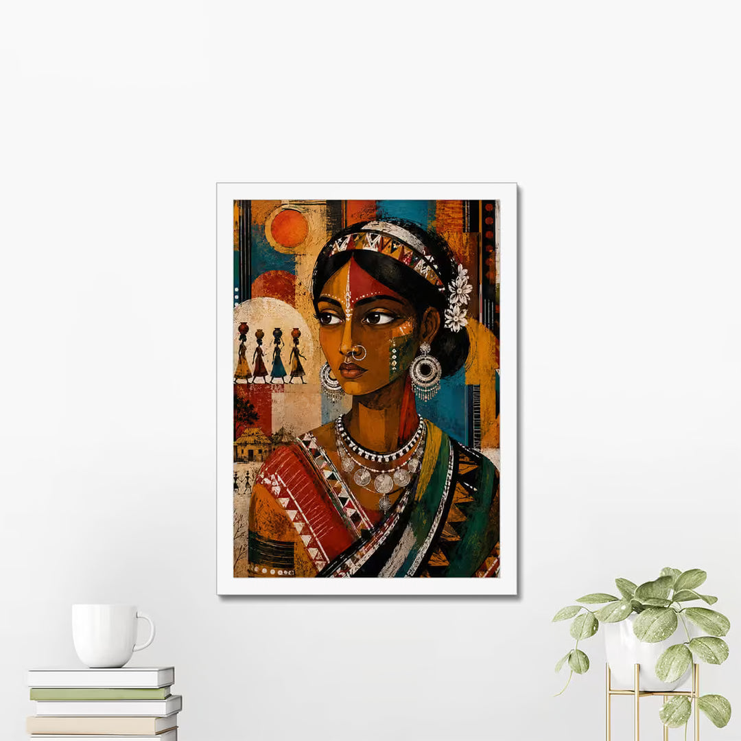Minimalist wall display of a Santhal tribal woman art print in a white frame featuring Indian folk culture, ethnic design and vibrant traditional artwork.
