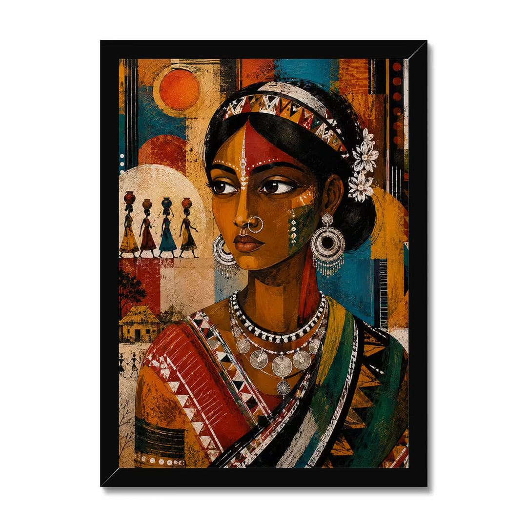 Modern framed Santhal tribal woman wall art inspired by Indian folk culture, perfect for living room, office, hallway and ethnic interior decoration.