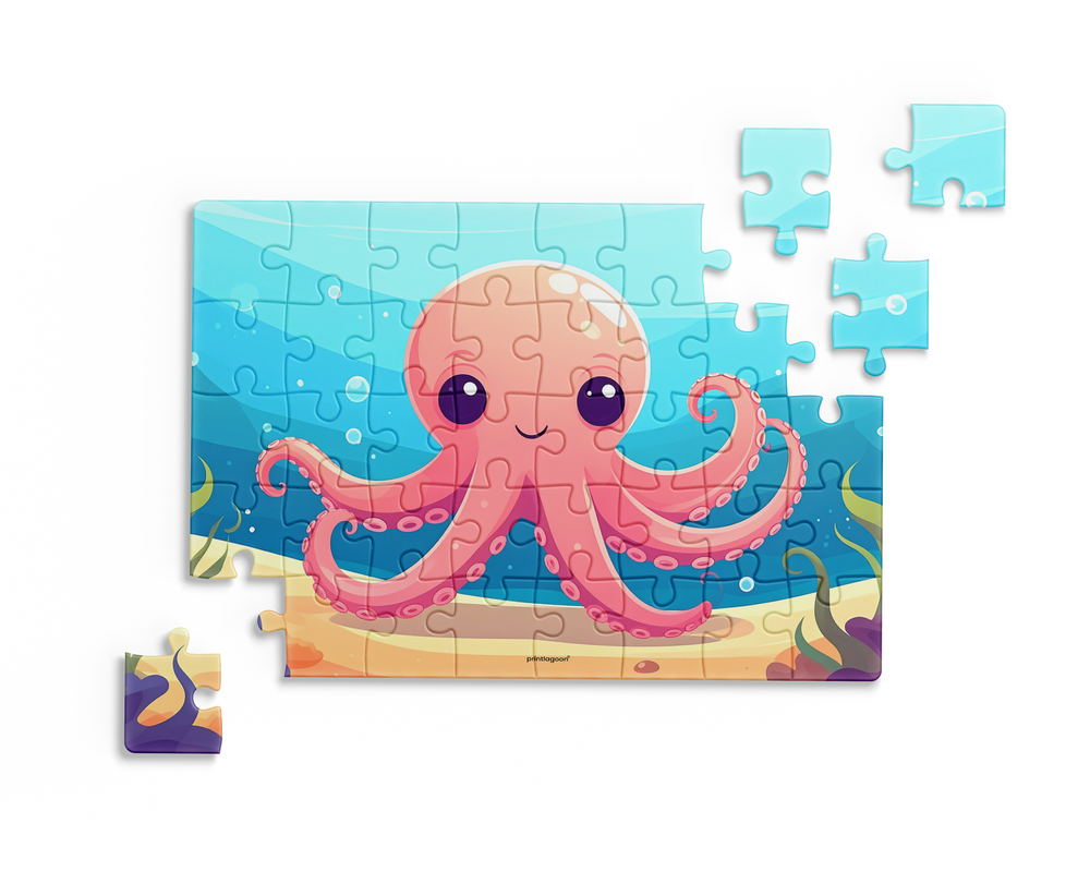 Children's puzzle with a pink octopus design on a blue ocean background