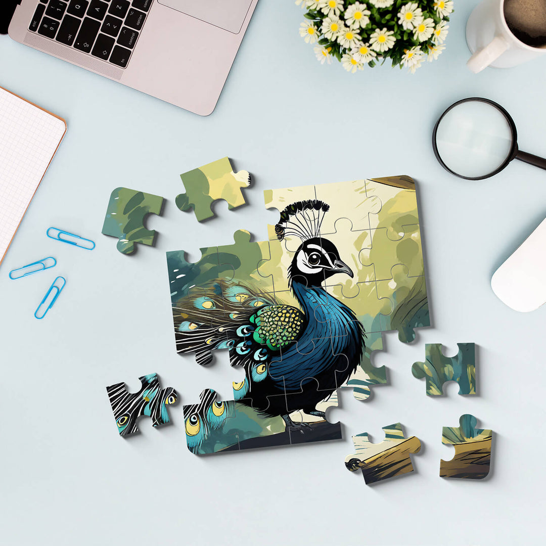 Peacock jigsaw puzzle mockup on desk with laptop, coffee cup, notebook, and scattered puzzle pieces by printlagoon.