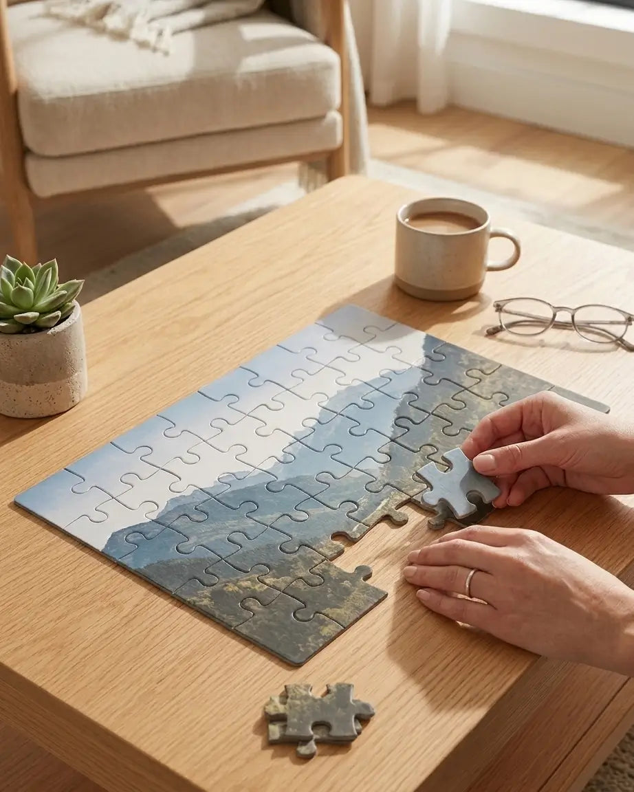 Person assembling a puzzle on a wooden table with a cup of coffee and plant in the background. by printlagoon