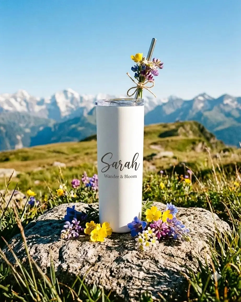 Custom name engraved white skinny tumbler with lid and steel straw, placed on a rock among alpine wildflowers with snow-capped mountains behind