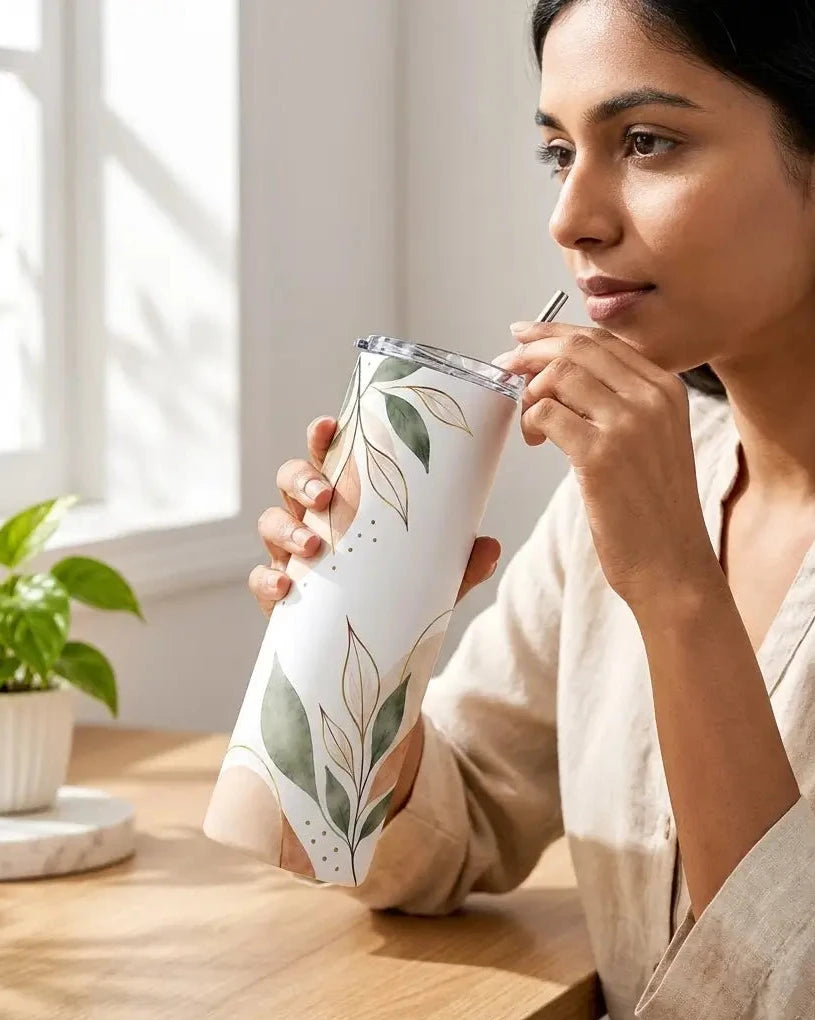 A woman in a beige linen shirt holds a white insulated tumbler with a green leaf pattern and a clear lid while drinking from a metal straw at a wooden table.