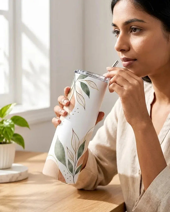 A woman in a beige linen shirt holds a white insulated tumbler with a green leaf pattern and a clear lid while drinking from a metal straw at a wooden table.