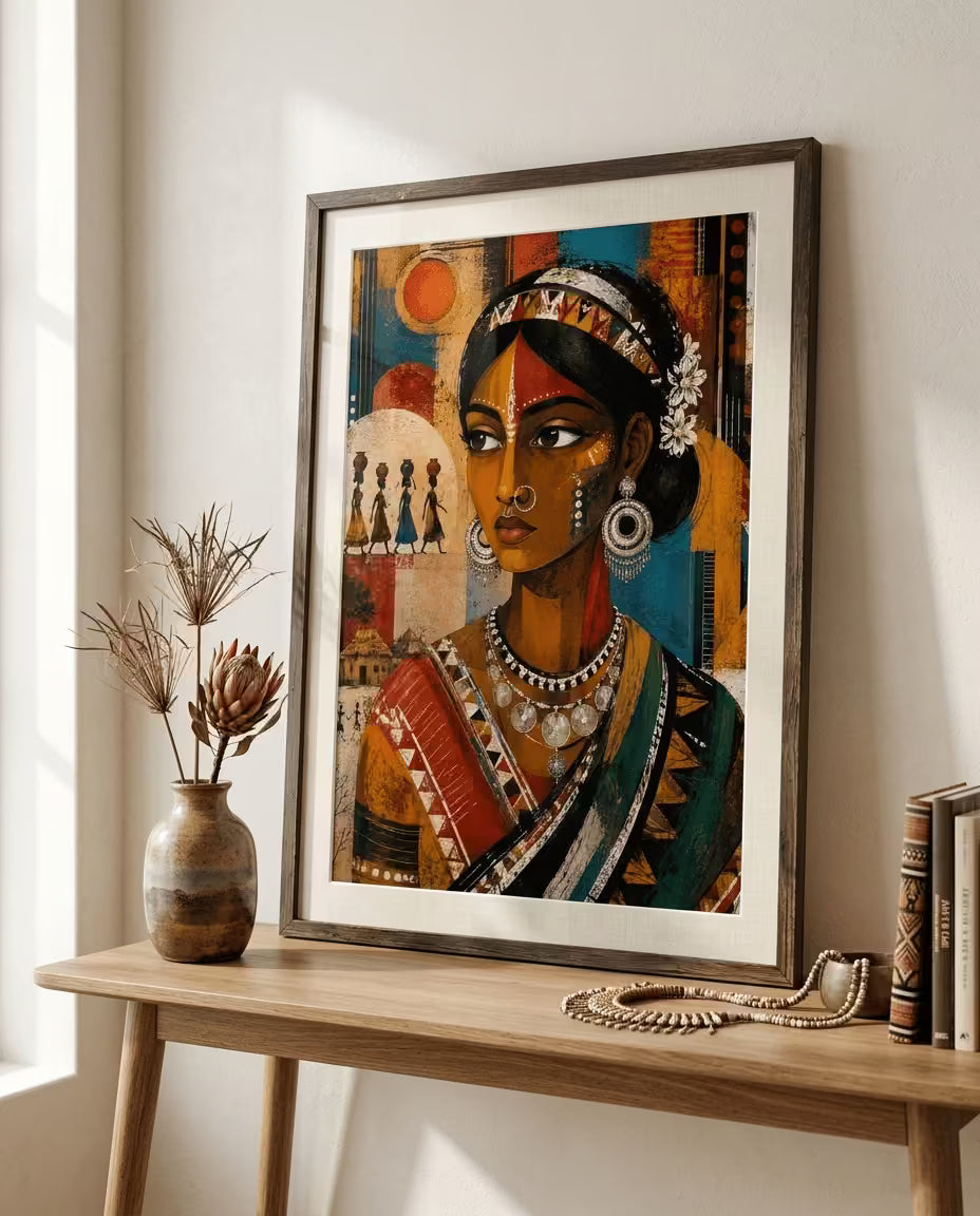 Premium framed Santhal Indian folk art print featuring an ethnic tribal woman portrait with vibrant colours, perfect for living room, bedroom or office wall decoration.