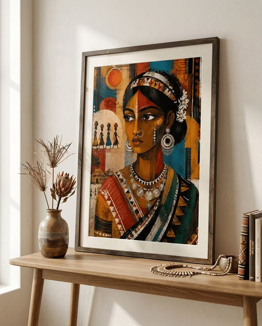 Premium framed Santhal Indian folk art print featuring an ethnic tribal woman portrait with vibrant colours, perfect for living room, bedroom or office wall decoration.
