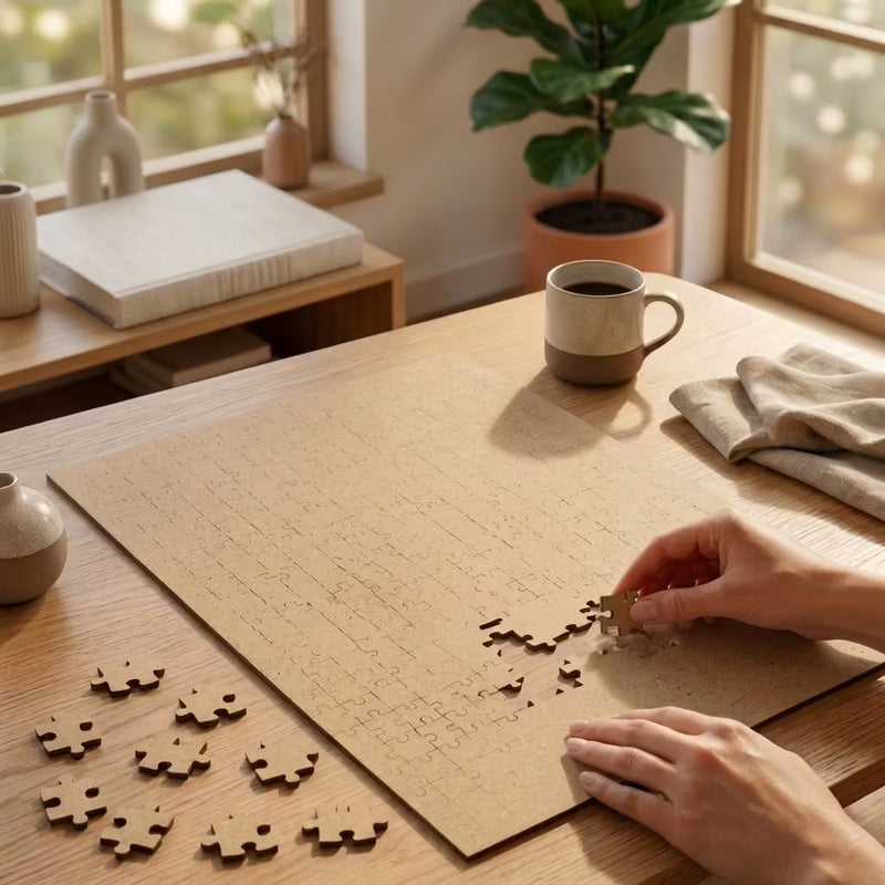 A premium MDF wooden jigsaw puzzle being assembled on a modern wooden table in a cozy, naturally lit living room. The image showcases high-quality craftsmanship, precision-cut puzzle pieces, and a relaxing family-friendly activity. Ideal for custom photo puzzles, personalized gifts, educational games, and home entertainment from Printlagoon.
