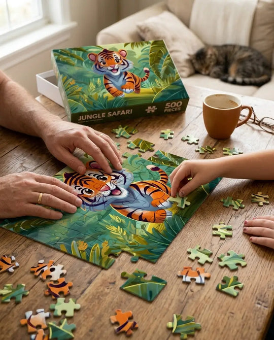 Hands assembling a PrintLagoon cute tiger jungle jigsaw puzzle on a wooden table, perfect for kids, families, educational play, and screen-free entertainment.