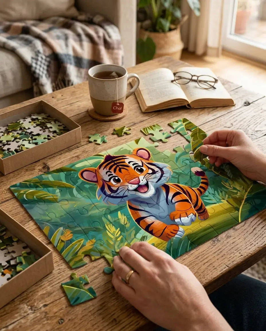 Family enjoying a PrintLagoon jungle tiger jigsaw puzzle with premium puzzle box, colorful wildlife artwork, and engaging educational fun for kids and adults.