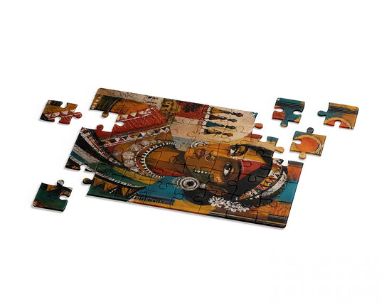 PrintLagoon jigsaw puzzle showcasing a richly detailed portrait of a Santhal woman dressed in a traditional sari with layered silver necklaces, large circular earrings, and intricate face paint. The artwork combines warm earthy tones, bold geometric patterns, and scenes of Santhal village life, including figures carrying pots and rustic homes, for a visually captivating folk-inspired composition.
