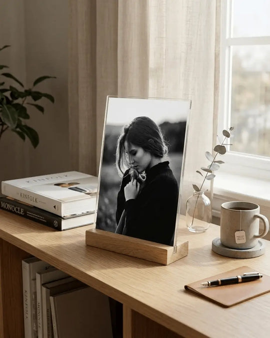 Printlagoon black and white acrylic photo print on a natural wooden stand, stylish personalized tabletop decor for modern interiors.