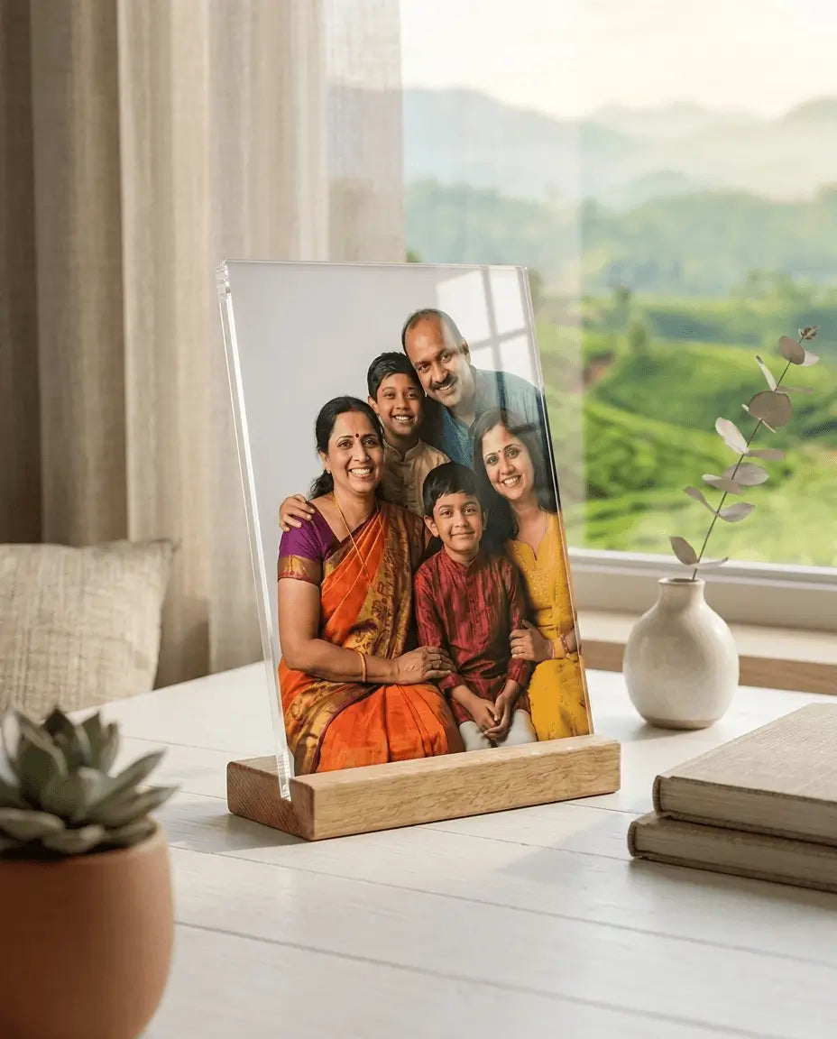 Printlagoon custom acrylic photo print featuring an Indian family portrait on a premium wooden stand, elegant personalized tabletop display.