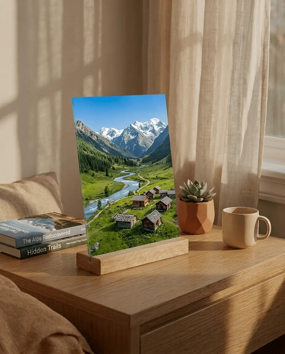 Printlagoon personalized acrylic desk photo frame featuring a vibrant mountain landscape with wooden base for elegant home decoration.