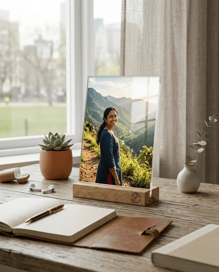 Printlagoon personalized acrylic photo frame with wooden stand featuring a scenic portrait, premium custom photo gift for home and office decor.