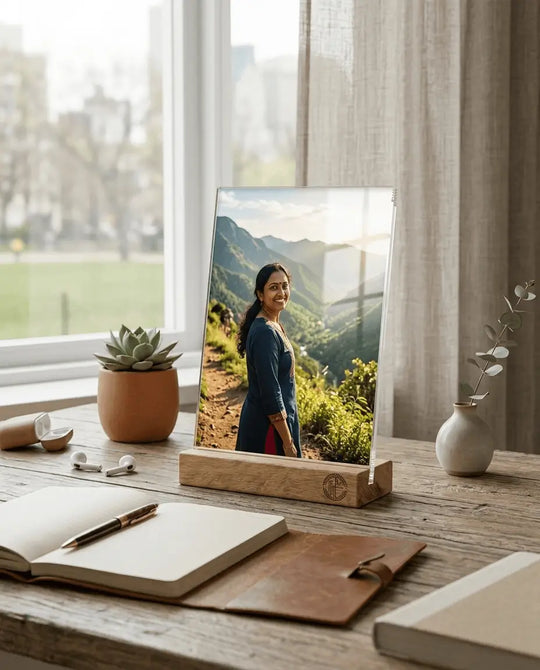 Printlagoon personalized acrylic photo frame with wooden stand featuring a scenic portrait, premium custom photo gift for home and office decor.