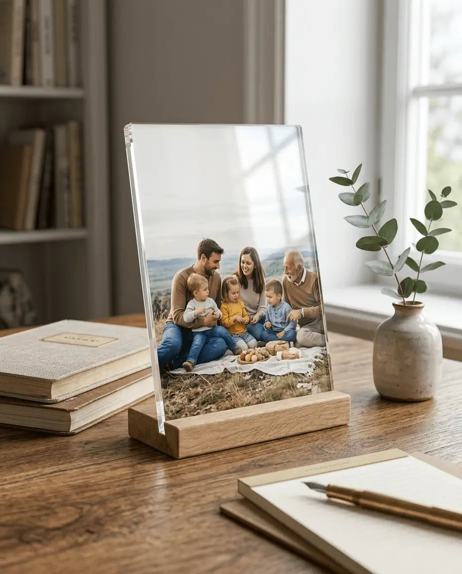 Printlagoon personalized acrylic photo frame with wooden stand displaying a custom family photo, premium desk decor and thoughtful gift for home or office.