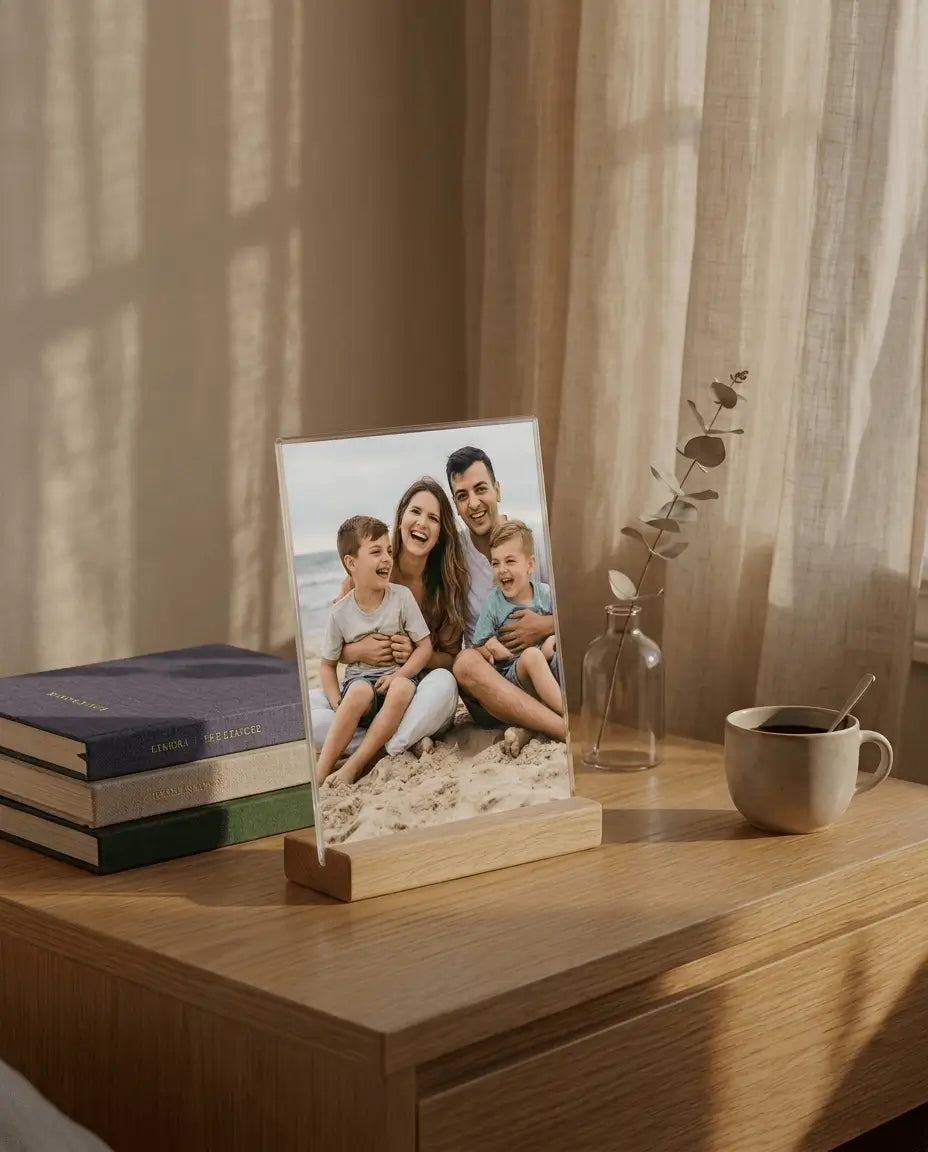 Printlagoon custom acrylic family photo frame with wooden stand displaying joyful family memories, perfect personalized gift for loved ones.