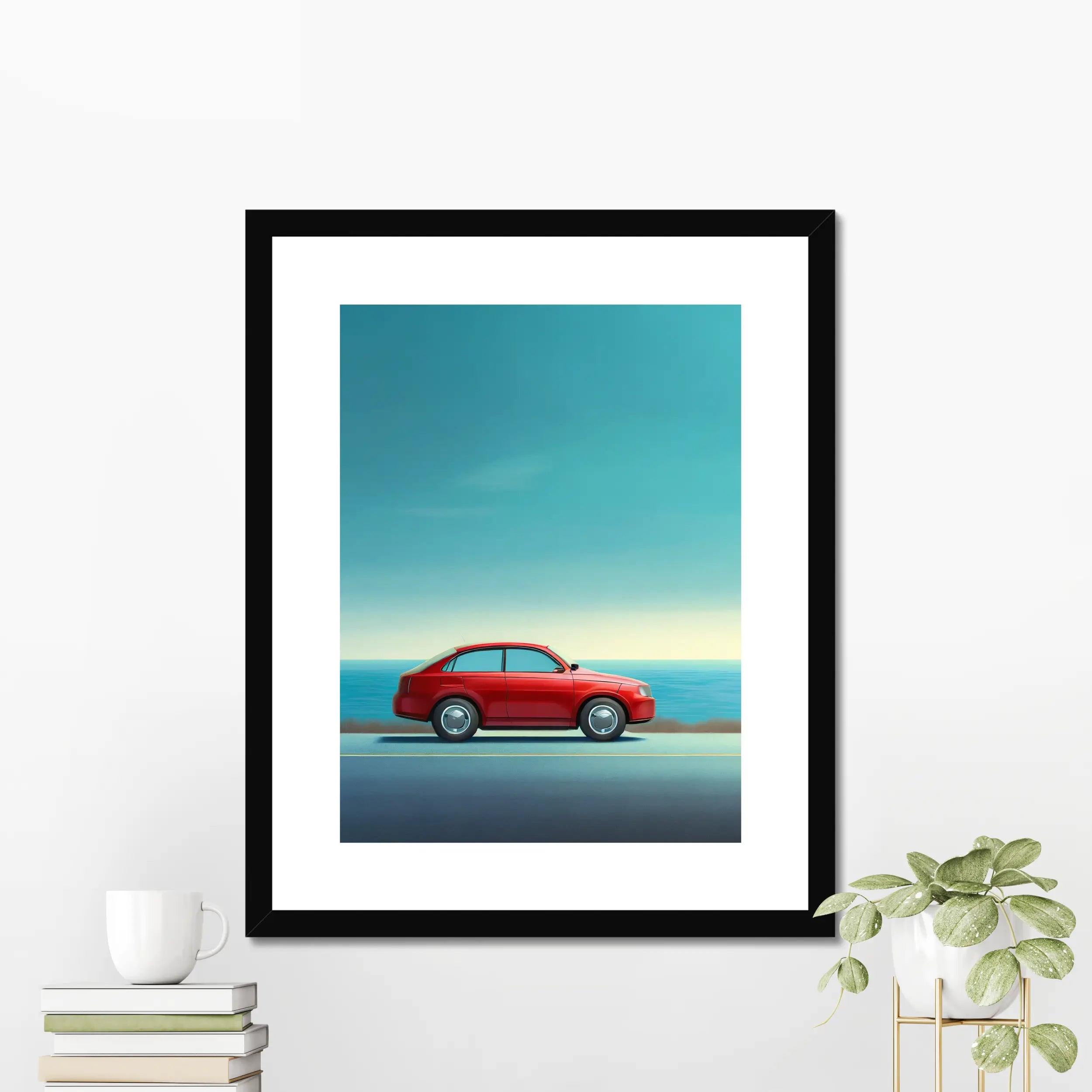 Printlagoon minimalist wall art featuring a red car driving along a coastal road with a blue ocean and clear sky, displayed in a black frame for modern home décor.