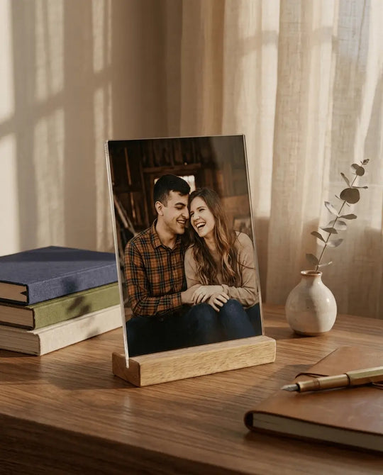 Printlagoon personalized acrylic photo frame displaying a romantic couple portrait on a premium wooden stand, perfect anniversary and wedding gift.