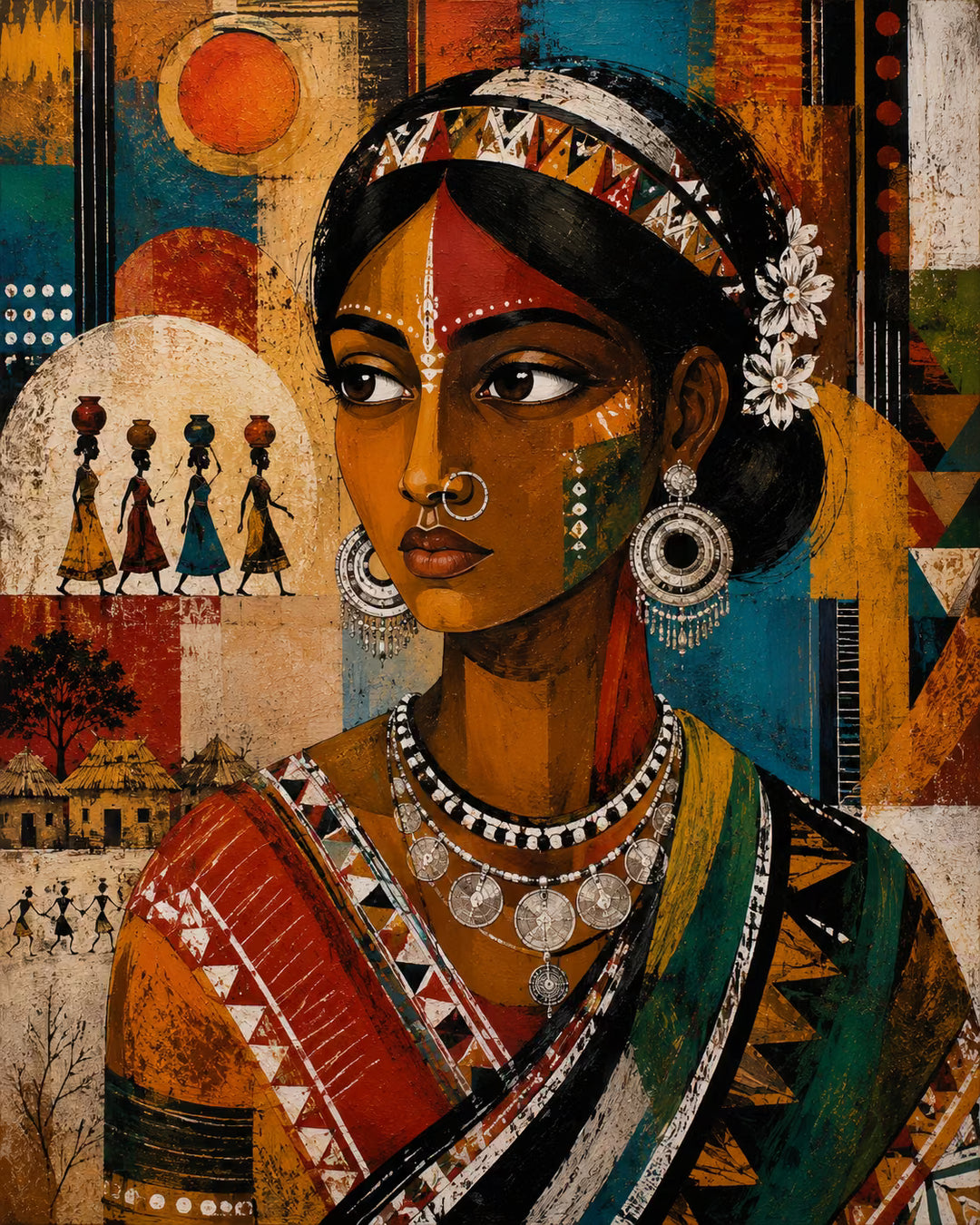 Santhal Indian folk painting featuring an abstract tribal woman in traditional attire with geometric patterns, indigenous village scenes, cultural motifs, and vibrant earthy colors, ideal for premium wall art, canvas prints, framed artwork, and jigsaw puzzles.