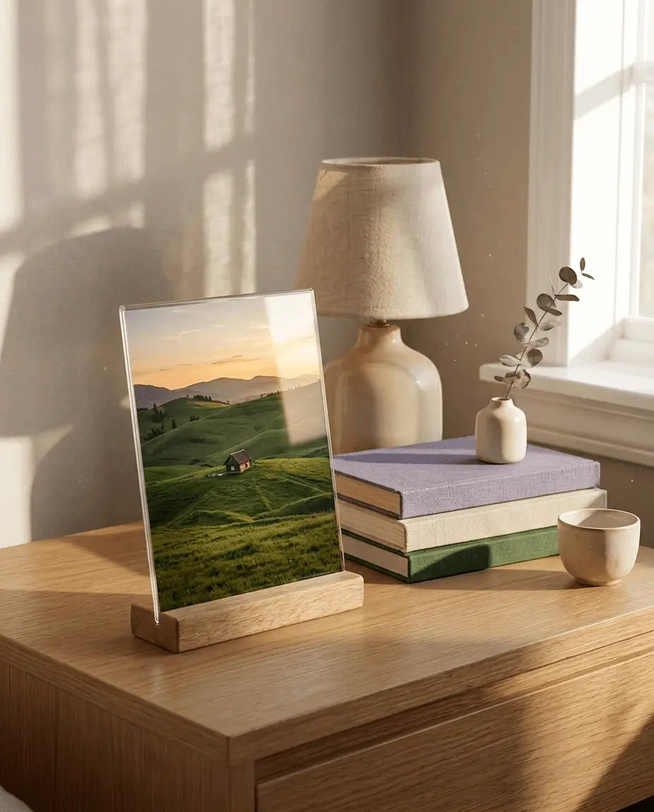Printlagoon acrylic landscape photo print with wooden stand showcasing a peaceful countryside scene, modern home decor and personalized gift.