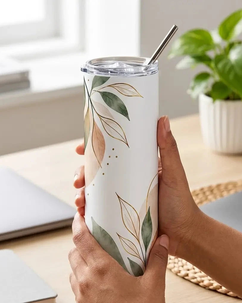 A person holds a tall insulated tumbler with a clear lid and metal straw. The tumbler is white with a botanical leaf pattern in muted green and warm beige/gold tones.